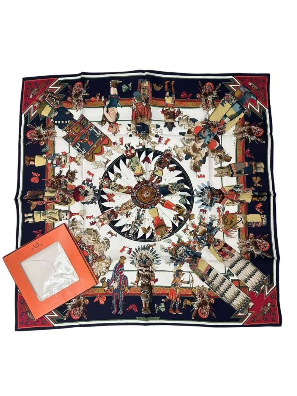 Hermes Scarf Carre 90 Silk Kachinas Navy